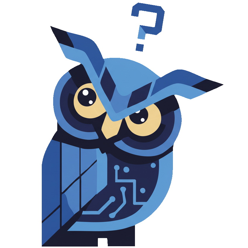 Variation du logo de l'entreprise SAUViX, un hibou bleu lève les yeux au ciel, un point d'interrogation au dessus de sa tête