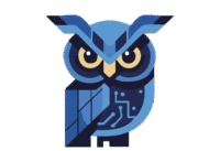 Logo de l'entreprise SAUViX, un hibou bleu fixe l'utilisateur, son plumage décoré de circuits