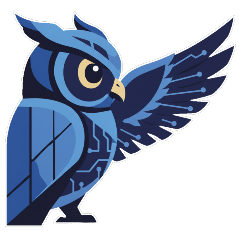 Variation du logo de l'entreprise SAUViX, un hibou bleu est tourné de côté, et lève son aile gauche