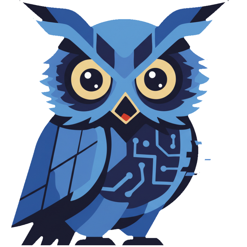 Variation du logo de l'entreprise SAUViX, un hibou bleu fixe son audience, ébouriffé, des circuits sortent de son plumage